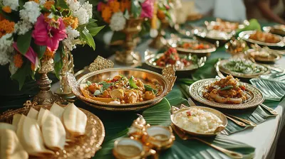Traditional Indian thali served in brass bowls on a banana leaf