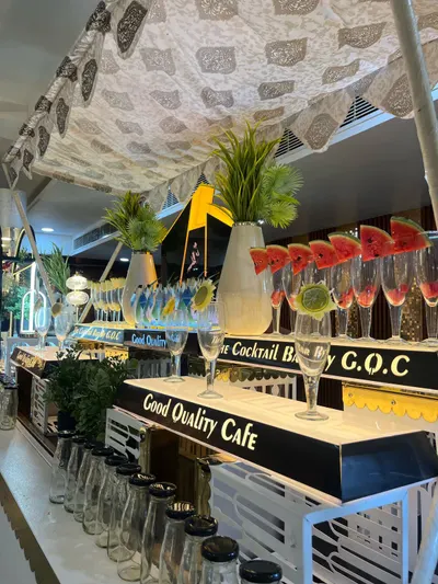 Mocktail bar display with fresh fruit and glassware