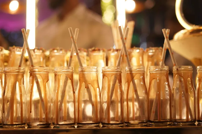 Rows of welcome drinks prepared for arriving guests